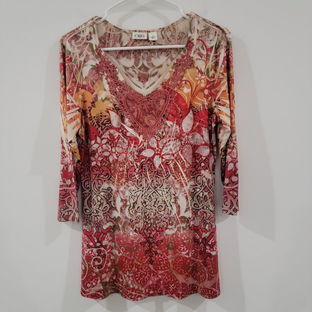 Womens Top Size Small Lace Floral Boho Fairy Colorful 3/4 Sleeve